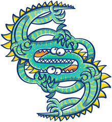 Two identical lizards with green striped skin, bulging eyes, long tail, and sharp teeth that bite off their heads. They engage in violent combat while forming a nice symmetrical, rotating pattern
