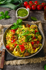 Chinese noodles with pork meat and herbs