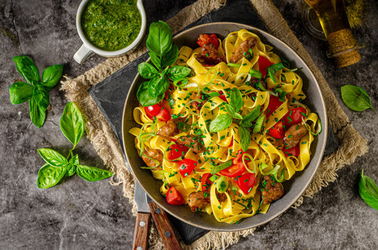 Chinese noodles with pork meat and herbs