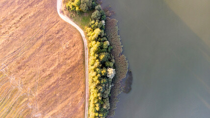 Aerial image of landscape with lake and forest and field in summer time. Top view.