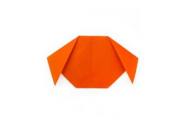 Step-by-step origami instructions. How to make a dog out of orange colored paper. Instructions on a white background top view. Step 6.