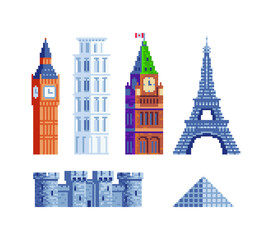 Obraz premium Buildings pixel art set world sights isolated vector illustration. Banner for the tourist tour famous monuments. Vacation time, trip. Tourist attraction landmark. Design for stickers and logo