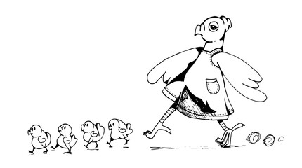 Cute mother pigeon bird character walking with her babies. Hand drawn sketch cartoon style vector illustration.