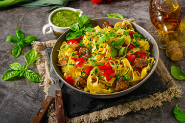 Chinese noodles with pork meat and herbs