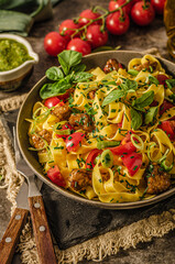 Chinese noodles with pork meat and herbs