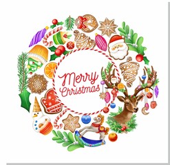 Christmas illustration. Christmas card. Gingerbread. Holiday banners, Christmas toys. merry Christmas.