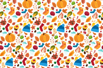 Autumn pattern with cute fall symbols ornament