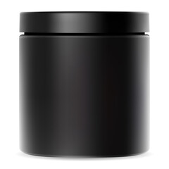 Black jar. Plastic container for cream. Cosmetic packaging mockup with glossy lid for whey protein powder or premium sport supplement. Cylinder tube package for bodybuilding vitamin or shake