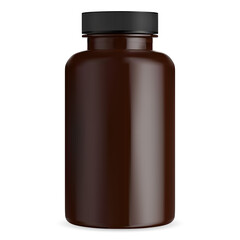 Brown pill bottle mockup. Medical tablet capsule vial. Amber supplement container with black lid. Cylinder package for pharmaceutical medicament isolated on white. Big plastic pharmacy box