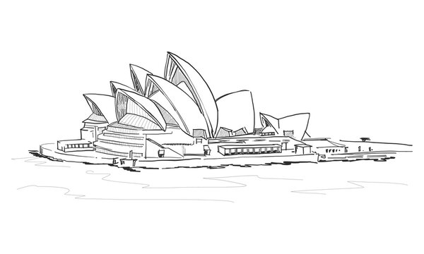 Illustration Of Hand Sketch Of Sydney Opera House Isolated In White Background.