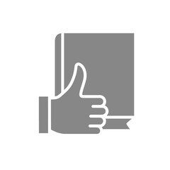 Book with thumb up gray icon. Best book, customer review, user feedback symbol