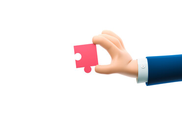 3d illustration. Cartoon businessman character hand holding a puzzle piece.