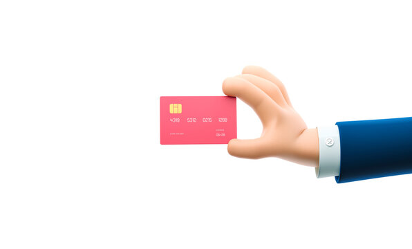 3d illustration. Cartoon businessman character hand holding a credit card.