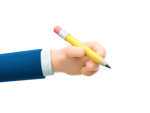 3d illustration. Cartoon businessman character hand holding a big yellow pencil.