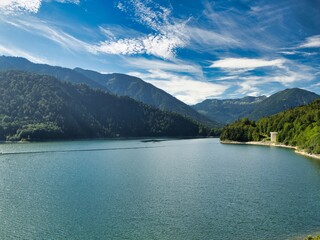 Blick vom Damm des Sylvensteinspeichers.