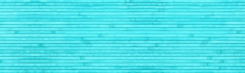 Bright turquoise natural bamboo slats texture. Wide horizontal abstract light teal background