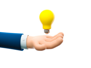 3d illustration. Cartoon businessman character hand holding a big bulb. Concept of creativity.