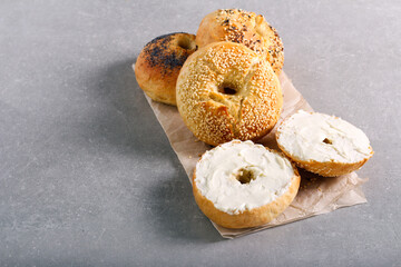 Homemade bagels with different topping