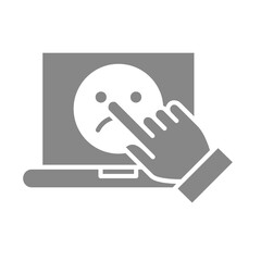 human vote on laptop grey icon. Sad face on the screen, customer unsatisfaction, negative feedback