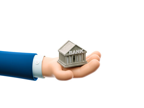 3d illustration. Cartoon businessman character hand holding a small bank house.