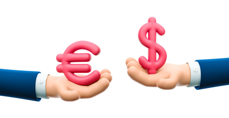 3d illustration. Cartoon businessman character hands hold dollar and euro sign. Currency exchange.