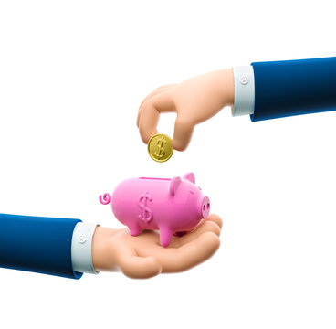 3d Illustration. Cartoon Businessman Character Hand Puts A Coin In A Piggy Bank. The Concept Of Saving Money 