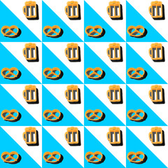Seamless pattern of pasta as Oktoberfest symbols,beer mug and traditional German pretzel,on square, triangles background of blue and white colors as Bavaria flag.Concept of imitation of beer holiday