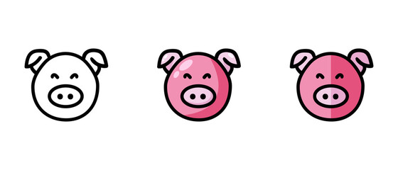 This is a set of icons with a different style of a pig. Outline and color symbols of a pig. Freehand drawing. Stylish solution for a website.