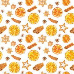 Obraz premium Watercolor seamless pattern with Christmas gingerbread cookies, orange, star anise and cinnamon