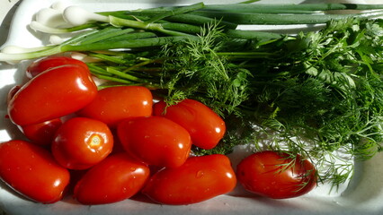 on a white tray, fresh tomatoes and green onions with dill. Healthy eating concept