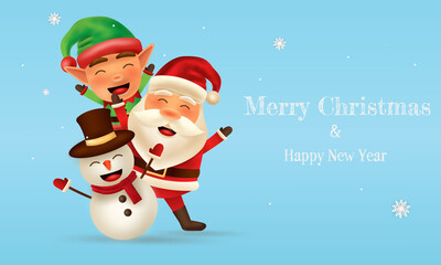 Merry Christmas and happy new year. Christmas greeting card with cute Little elf, Snowman and Santa Claus.  Vector illustration template. © santi