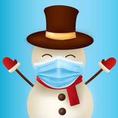 Merry Christmas and happy new year. Snowman with surgical mask. Corona virus protection. New normal concept. -Vector