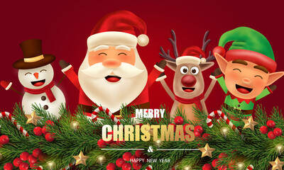 Merry Christmas and Happy New Year. Christmas tree branches with Santa Claus, reindeer, Snowman and little elf in red background. 