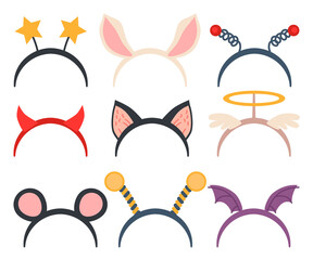 Masquerade head decor and mask set. Vector illustration. Cartoon headbands isolated on white. Face masking for halloween or Xmas party. Collection of animal costume element