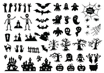 Set of silhouettes of Halloween on a white background. Vector illustration