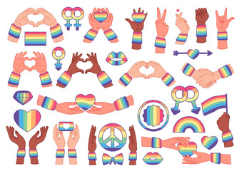 Fototapeta na wymiar LGBT gay and lesbian pride symbols, rainbow, heart. Icons template. Pride month. Flat vector illustration isolated on white background