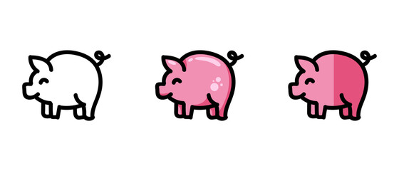 This is a set of icons with a different style of a pig. Outline and color symbols of a pig. Freehand drawing. Stylish solution for a website.
