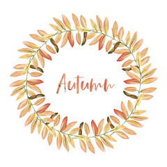 Watercolor hand painted autumn wreath of rowan branches. Delicate arrangement is perfect for fall or thanksgiving greeting cards or autumn wedding invitations.