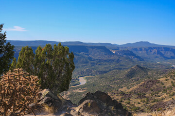 Jemez river, a tributory of the Rio Grande, flows through landscape of canyons and mesas in New Mexico, Southwest USA. Cacti and blue sky