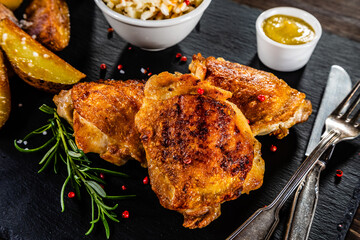 Barbecue chicken thighs with fried potatoes and coleslaw on stone plate
