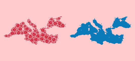 Vector Mosaic Map of Mediterranean Sea of Flu Virus Items and Solid Map