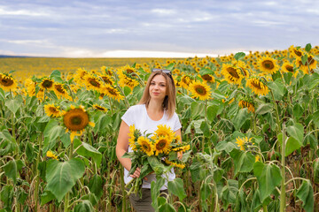 Sunflower field. A beautiful girl in a white T-shirt among many blooming sunflowers.