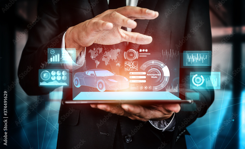 Poster car engineer work on 3d model prototype design on virtual screen . smart vehicle intelligent car con