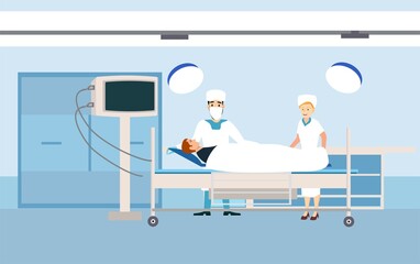 Hospital with doctor and patience. medicine cartoon character vector illustration