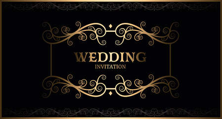 luxury black and gold vintage wedding invitation card
