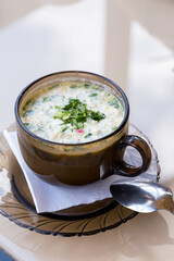 Summer yoghurt cold soup with radish, cucumber, and dill on woodwn table. Okroshka Russian traditional dish