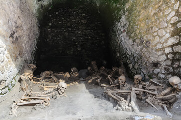 Skeletons of people who died during the eruption of Mount Vesuvius in AD 79. Herculaneum, Italy.