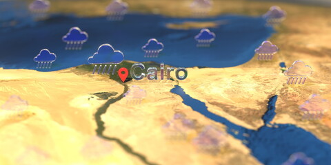 Rainy weather icons near Cairo city on the map, weather forecast related 3D rendering - obrazy, fototapety, plakaty