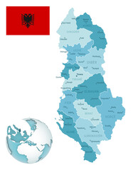 Albania administrative blue-green map with country flag and location on a globe.