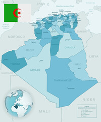 Blue-green detailed map of Algeria administrative divisions with country flag and location on the globe.